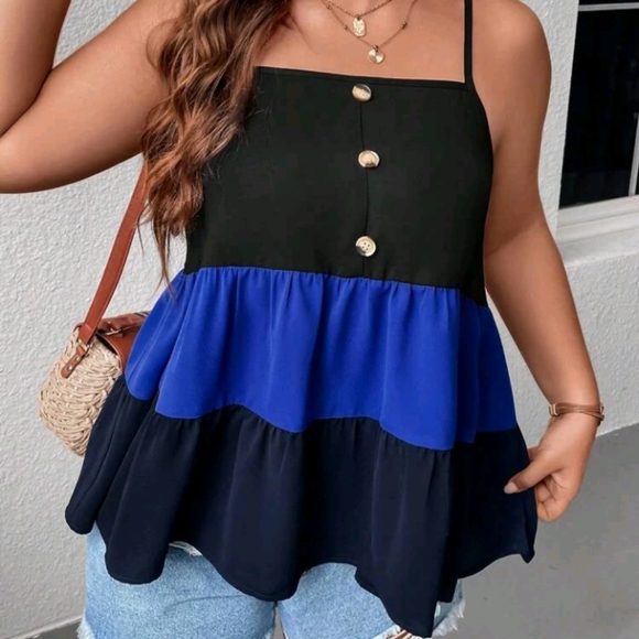 Colorblock Button Front Ruffle Hem Cami Top - Picture 3 of 5